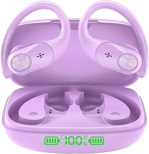 RIZIZI Wireless Earbuds Bluetooth Headphones Wireless Charging Case LED Display 96H Playtime Built in Mic Over Ear Buds Waterproof Earphones with Earhooks Deep Bass for Sport Running Workout Game PC