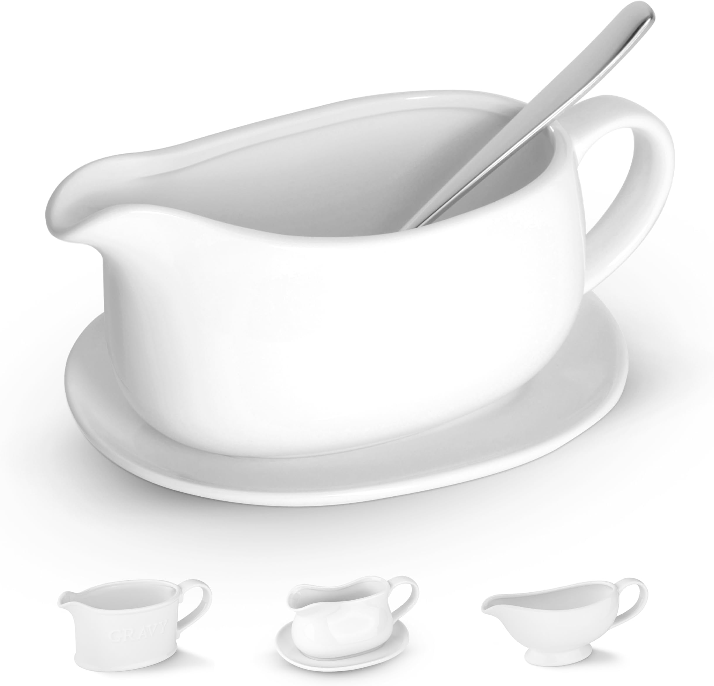 Miecux Gravy Boat wiht Tray, Ceramic Serving Saucer&Dish