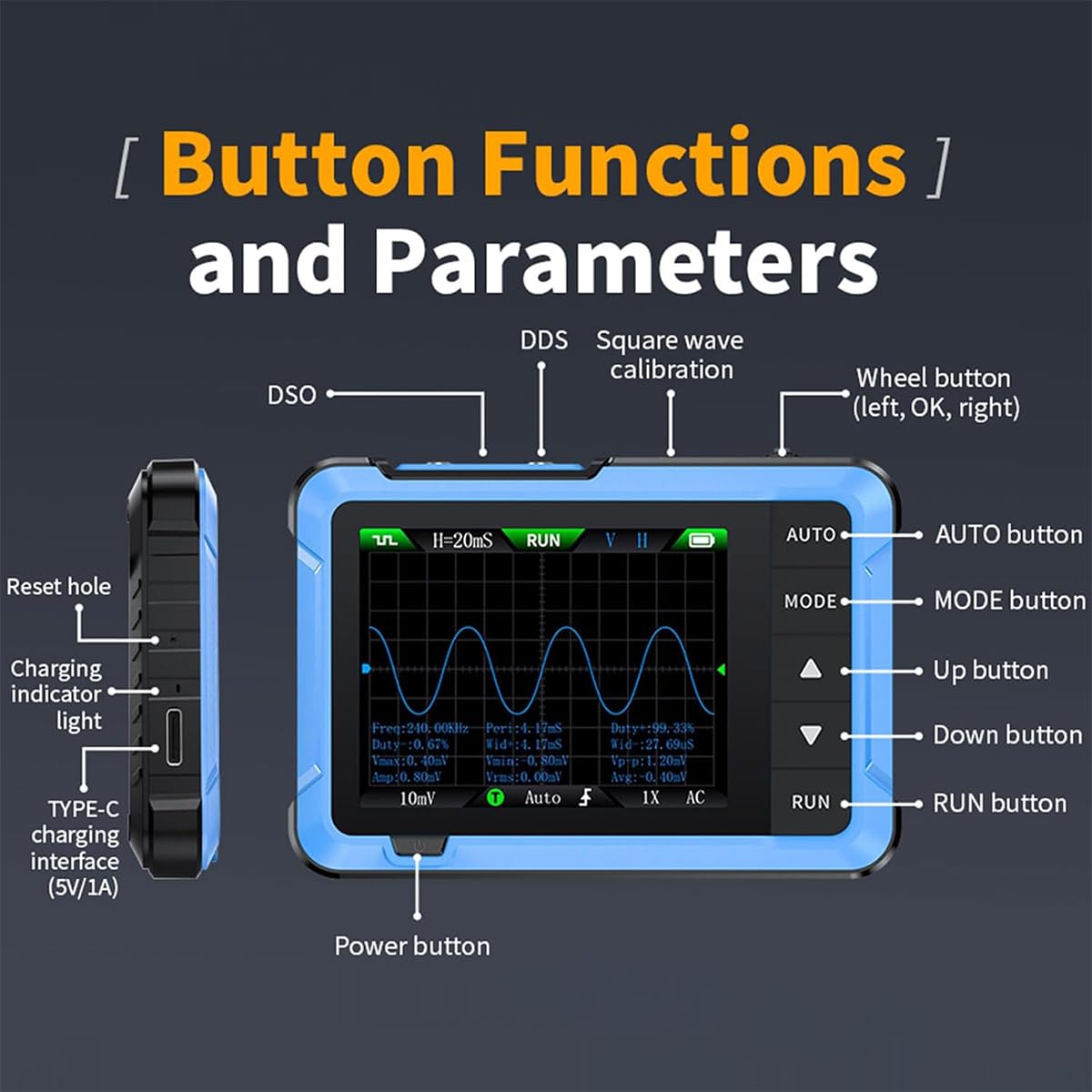 DollaTek Mini-Handoszilloskop mit intelligentem Digitaldisplay Multifunktions-Signalgenerator 2-in-1 Abtastrate 48 MS/s Echtzeit-Wellenform-Updates tragbares Oszilloskop