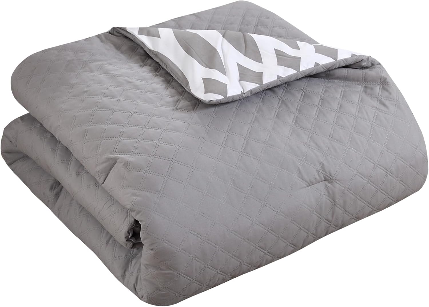 Chic Home Holland 10 Piece Reversible Comforter Bed in a Bag Contemporary Diamond Embroidered Quilted Pattern Print Complete Bedding Set - Sheets Decorative Pillows Shams Included, Queen Grey