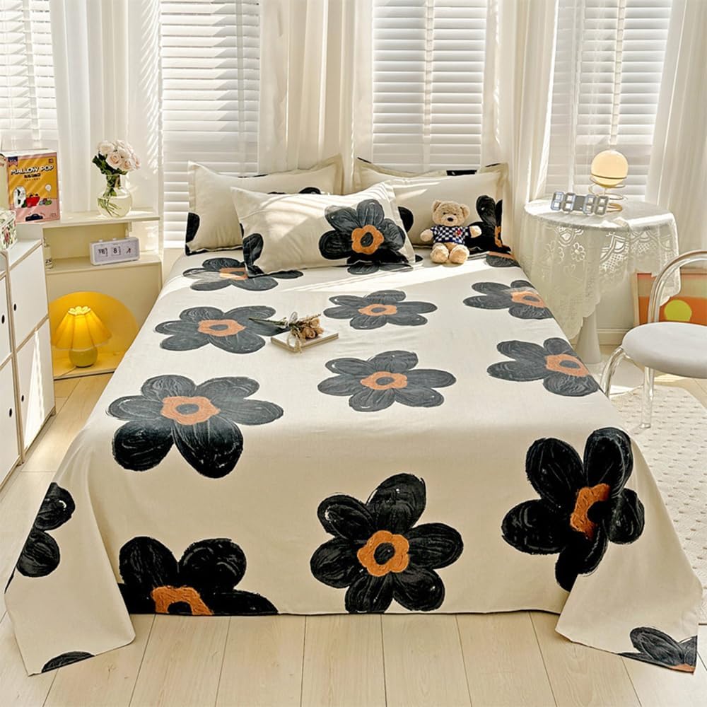 CLOTHKNOW 4Pieces Black Sunflower Sheet Sets Full Size Floral Bedding Sheet Sets Boho Fitted Sheet Black Beige Flat Sheet Botanical Sheet Sets Full with 2 x Pillow Cases