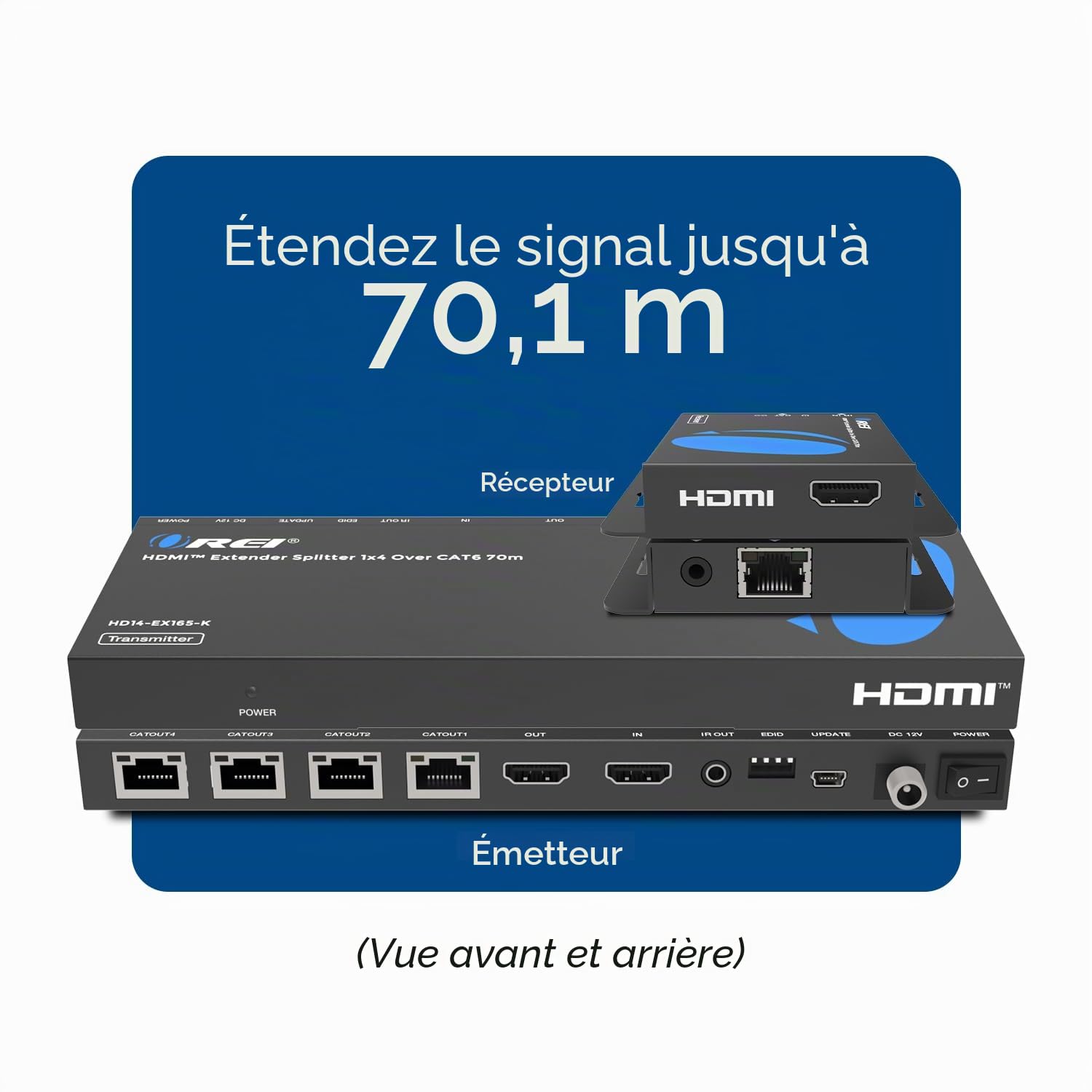 OREI Répartiteur HDMI 1 x 4 Multiple sur Un Seul câble CAT6/7 1080p avec Gestion EDID à Distance Infrarouge – jusqu'à 50 m – Boucle – Faible Latence – Support Complet