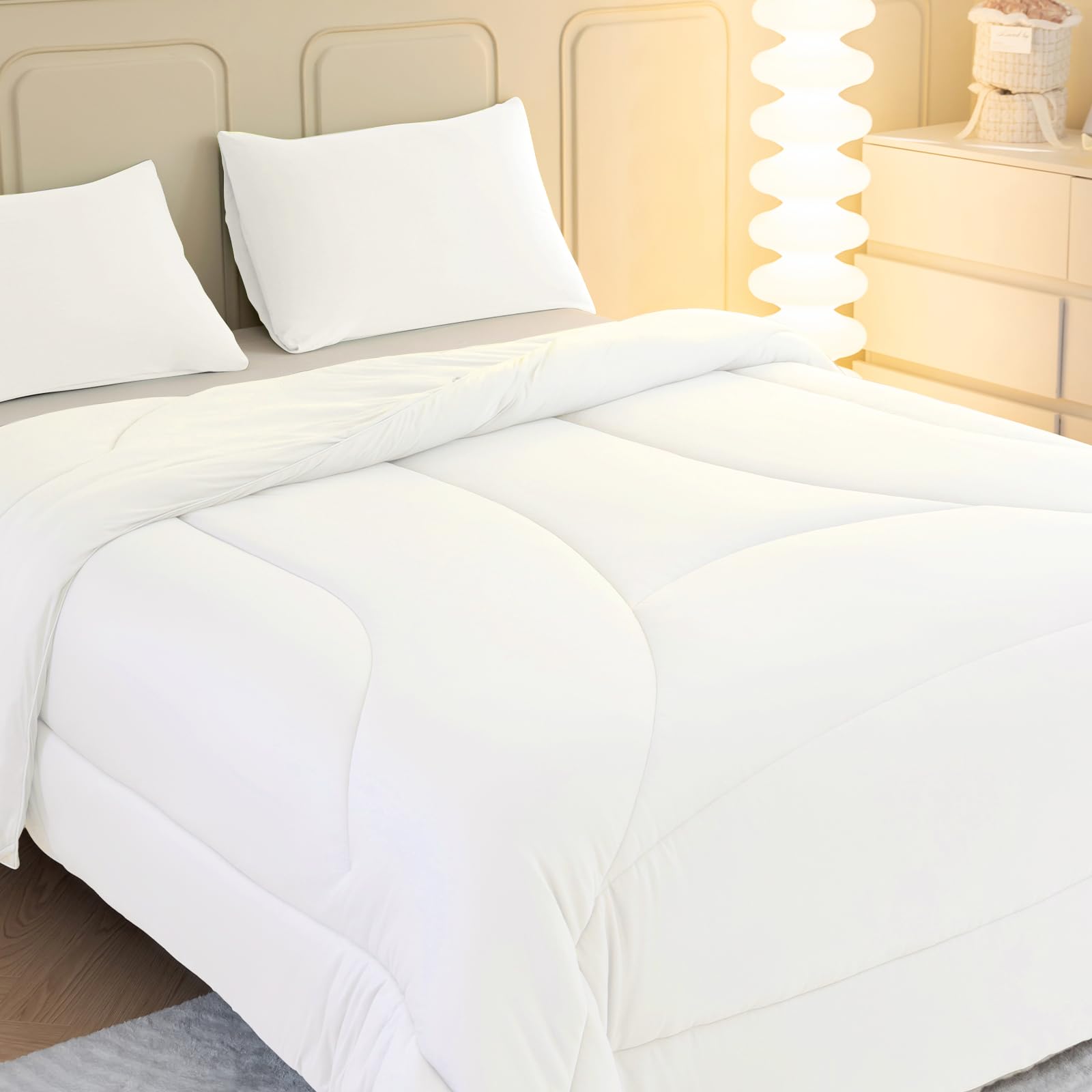 Ergonomic Design Queen Comforter Set - 3 Piece Comfy Bedding Sets with Ultra Soft Quilt Temperature Lock Microfiber Long Comforter & 2 Pillowcases with Extra Pouch, White