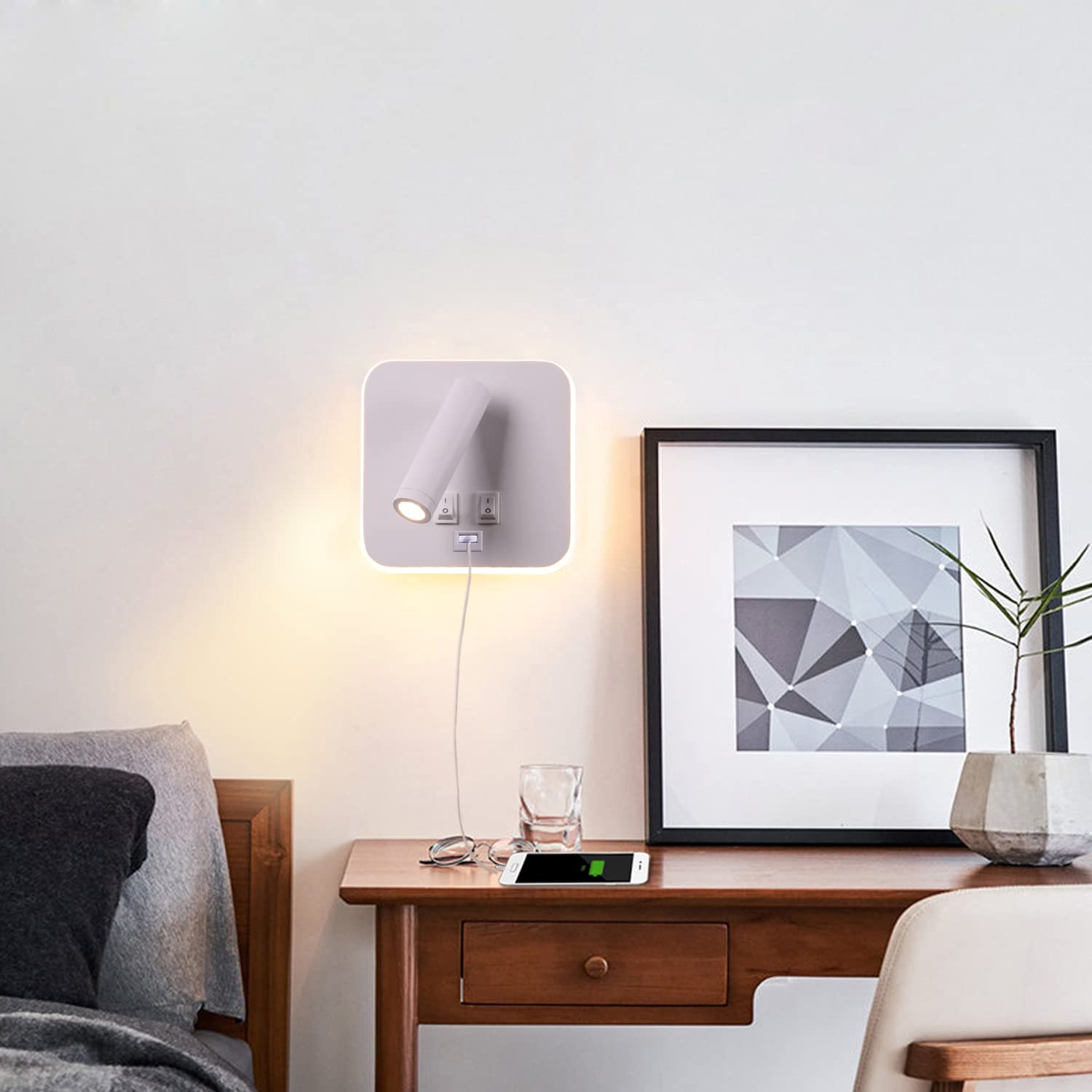 Bañador de pared Dormitorio Interruptor volvible Puerto de carga USB apliques de lectura de pared cama Iluminación de Pared cabecera 360 gradosgiratoria Blanco Cálido 3000K (3W + 10W)