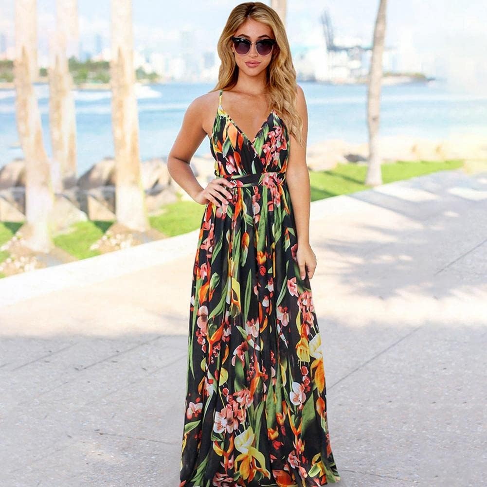 Women's Printed Dress Bohemian Floral Sling Long Dress V-Neck Spaghetti Strap Maxi Dress Black