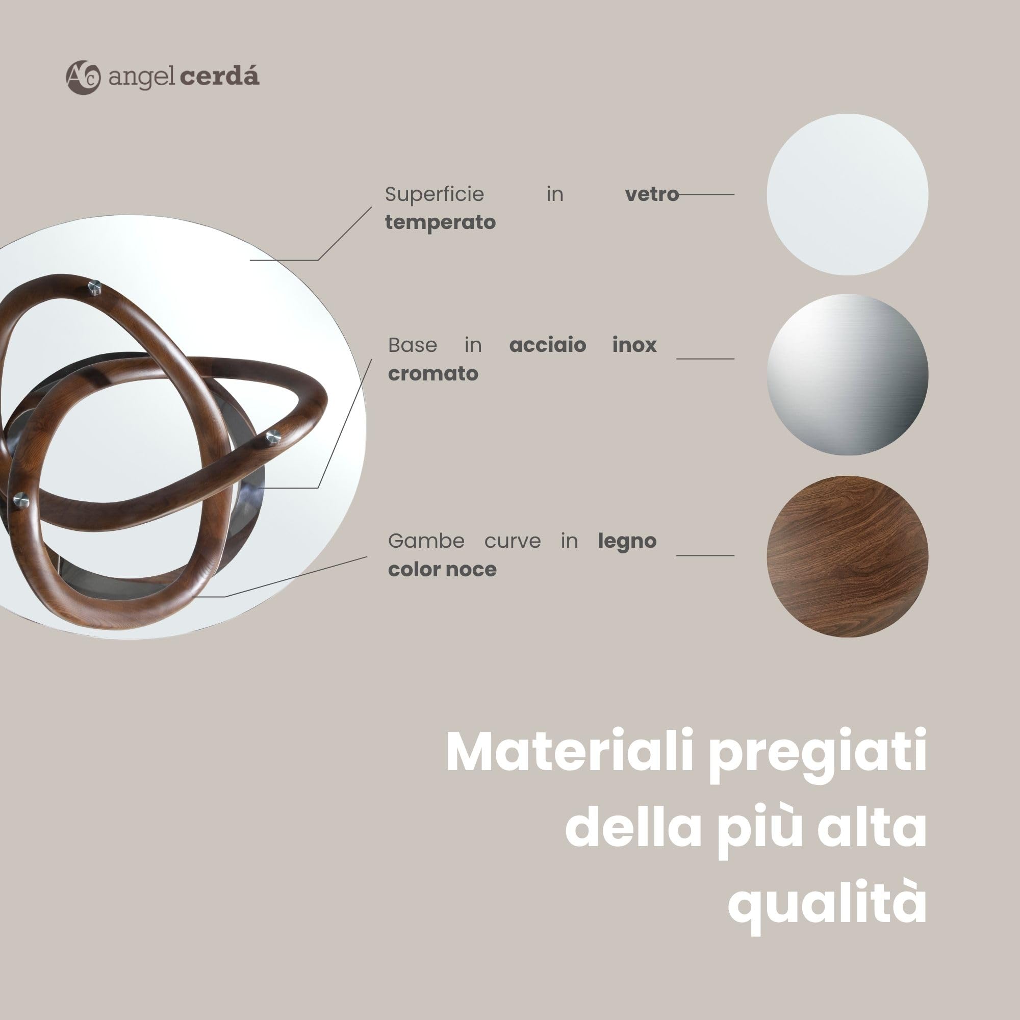 Angel Cerdá – Tavolino Salotto Moderno in Vetro Temperato e Legno di Faggio color Noce | Tavolino Rotondo Contemporaneo ed Elegante | Gambe in Legno | Ideale per il Soggiorno | Ø100 x 39 cm