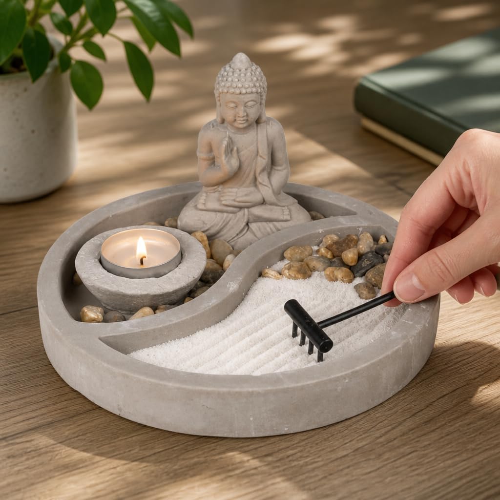 Mijoma Statuetta di Buddha su piatto di cemento con porta candeline, rastrello, pietre decorative e sabbia, set da giardino Zen per la pace e l'armonia (Ø 19 cm)