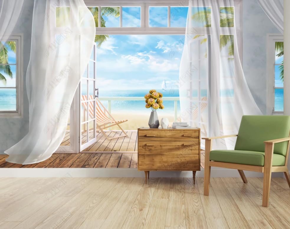 Papier peint intisse salon pour agrandir une piece sombre vue mer 300x210cm
