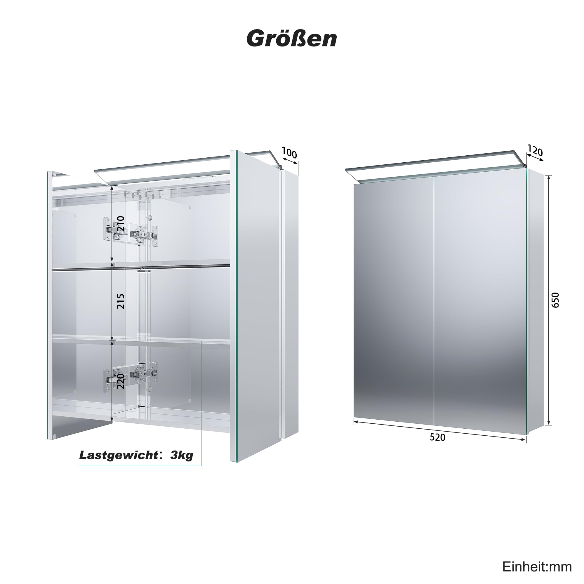 SONNI Spiegelschrank Bad 2-türig mit Beleuchtung 52x65cm, 201 Edelstahl Medizinschrank IP44 spritzwassergeschützt, viel Stauraum, Wandschalter & austauschbare LED-Leuchten