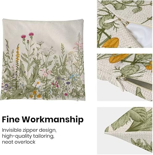 Miniatura 6 de AEIOAE Juego de 2 fundas de almohada de primavera de 18 x 18 pulgadas, fundas de almohada verdes con flores silvestres de granja para exteriores,