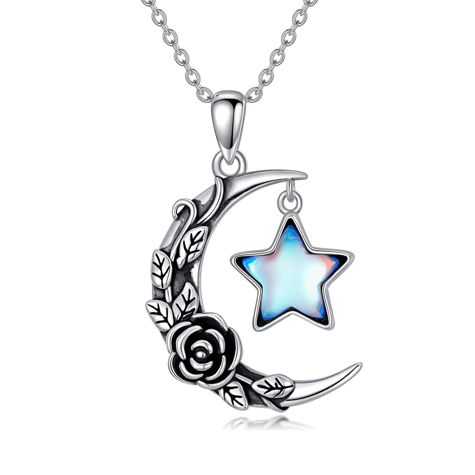 Moon Star Necklace Sterling Silver Moonstone Crescent Pendant Necklace Flower Rose Necklace Moon Jewelry Gift for Women Girls