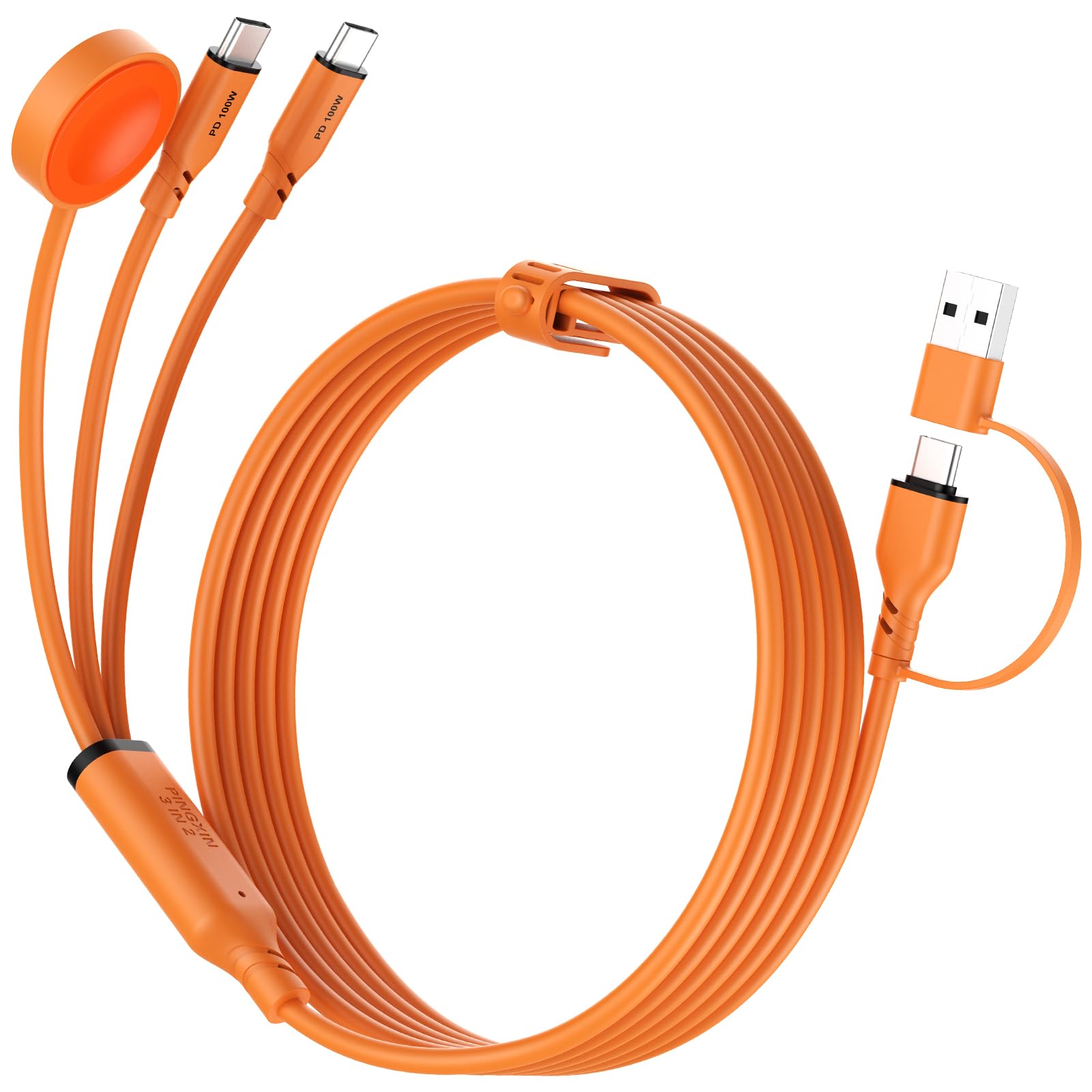 Travel Essentials Câble de charge 3 en 2 en silicone 100 W USB A/C vers double USB C/pour Apple Watch, câble de charge rapide compatible avec iPhone 17-15, iPad, MacBook, appareils de type C 1,5 m