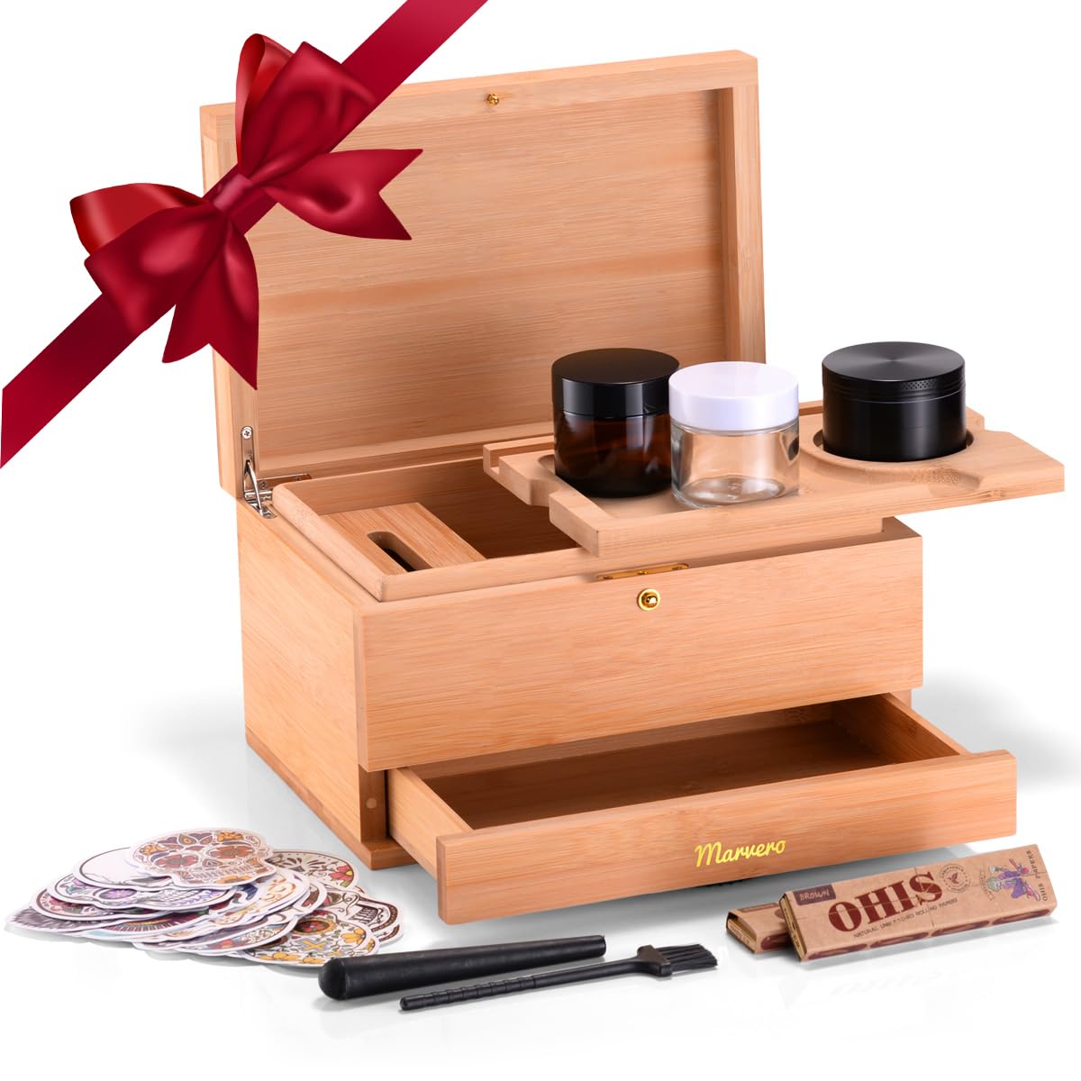 Marvero Premium Large Stash Box with Rolling Tray and Combination Lock - Stash Box Smell Proof - Removable Tray with Glass Jar and Grid (Brown)