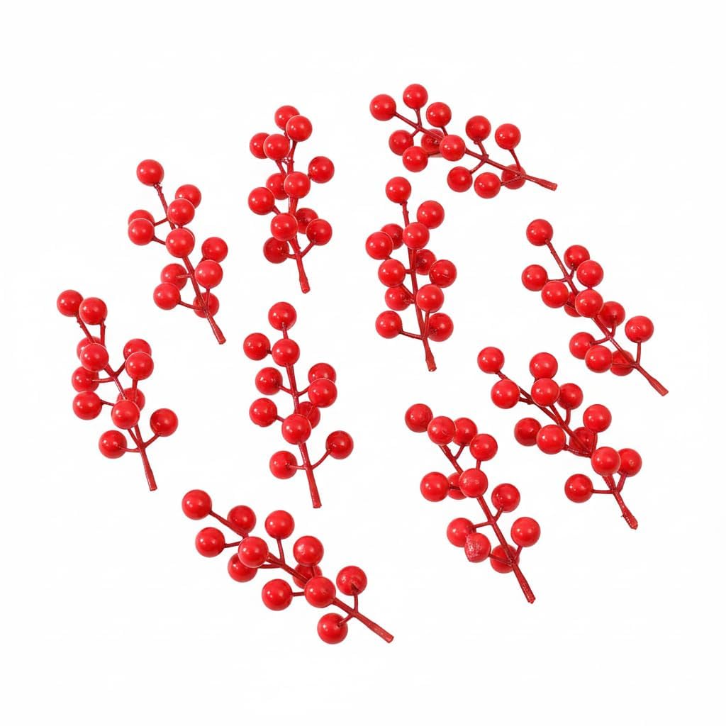 Tiges de cerises rouges artificielles et décorations de sapin de Noël suspendues - Lot de 10