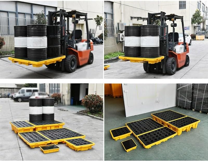 Industrial Spill Containment Platform, Stackable 1/2 Drum Sump Pallet with Drain, Modular Paint Bucket Safety Tray, Detachable Grating, Yellow (72x72x15.5cm)