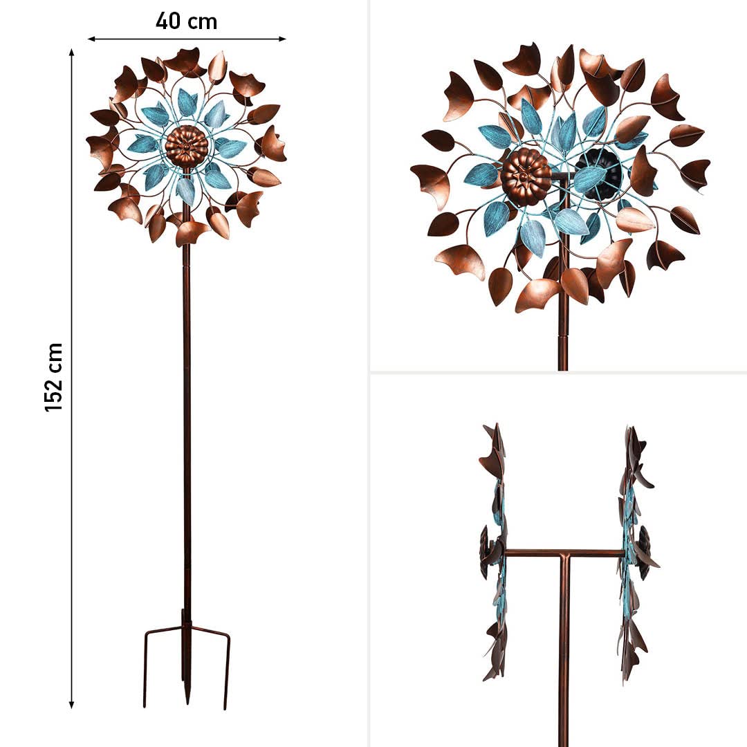 Windspiel Metall - inkl. Bodenanker, Zwei Rotoren für 3D-Optik, mit oder ohne LED in Glaskugel, hochwertige Bunte magische Windspiele für den Garten draußen stehend (Copper Leaf Duett)