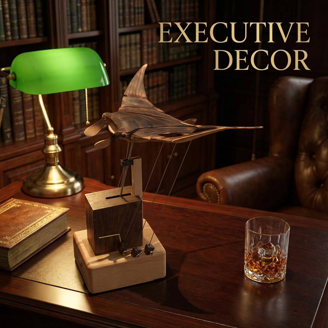 Escultura cinética de madera hecha a mano de manta raya, decoración de escritorio de autómatas de movimiento fluido, accesorio de oficina de madera de nogal maciza, regalo único de relajación para