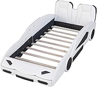 Vista 6 de MERITLINE Cama de suelo de automóvil de carreras de tamaño individual con ruedas, plataforma de madera en forma de auto con listones de soporte