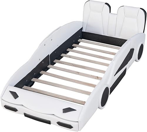 Miniatura 8 de SIYSNKSI Cama de plataforma en forma de auto de carreras de tamaño individual con ruedas marco de cama de plataforma de madera con barandillas y