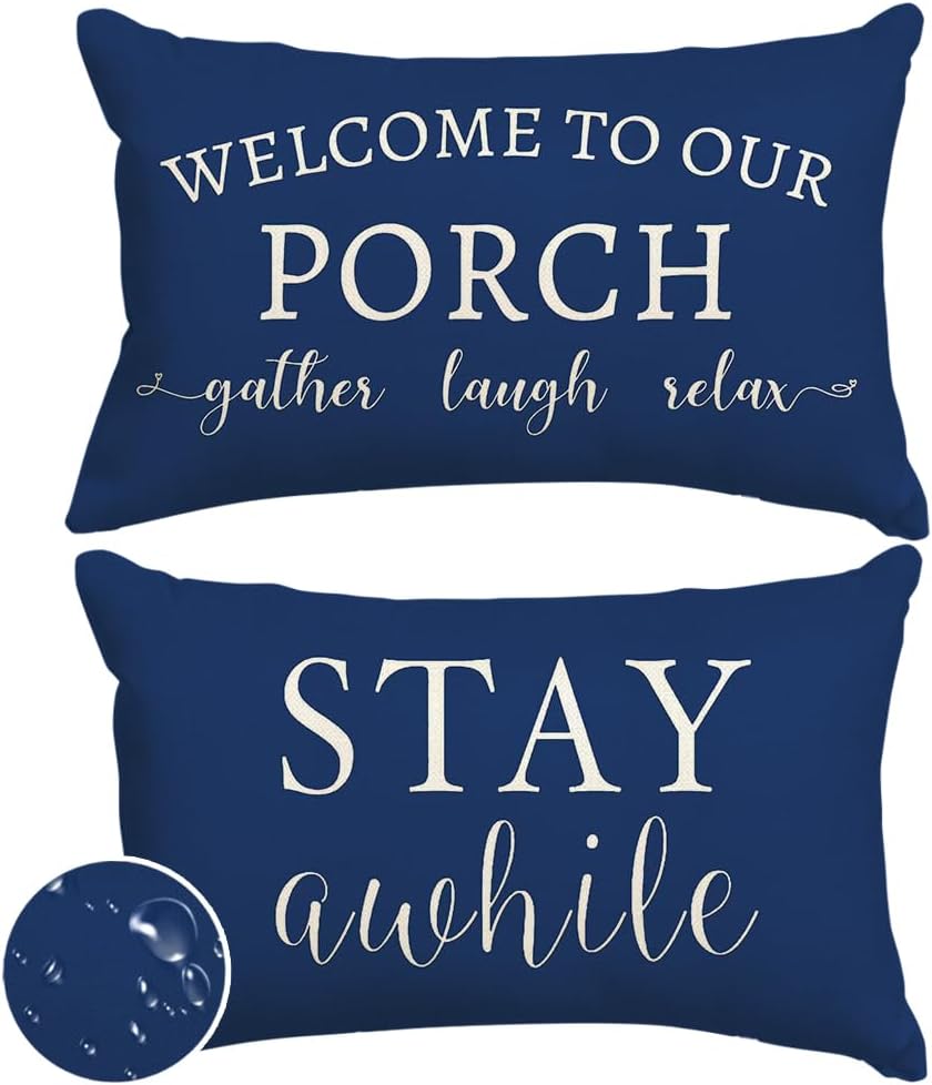 RABUSOFA Welcome to Our Porch Decor Outdoor Pillow Covers Waterproof,12x20 Set of 2 Cream Stay Awhile Relax Lumbar Cushion Case Decorations for Patio Couch (Cream)