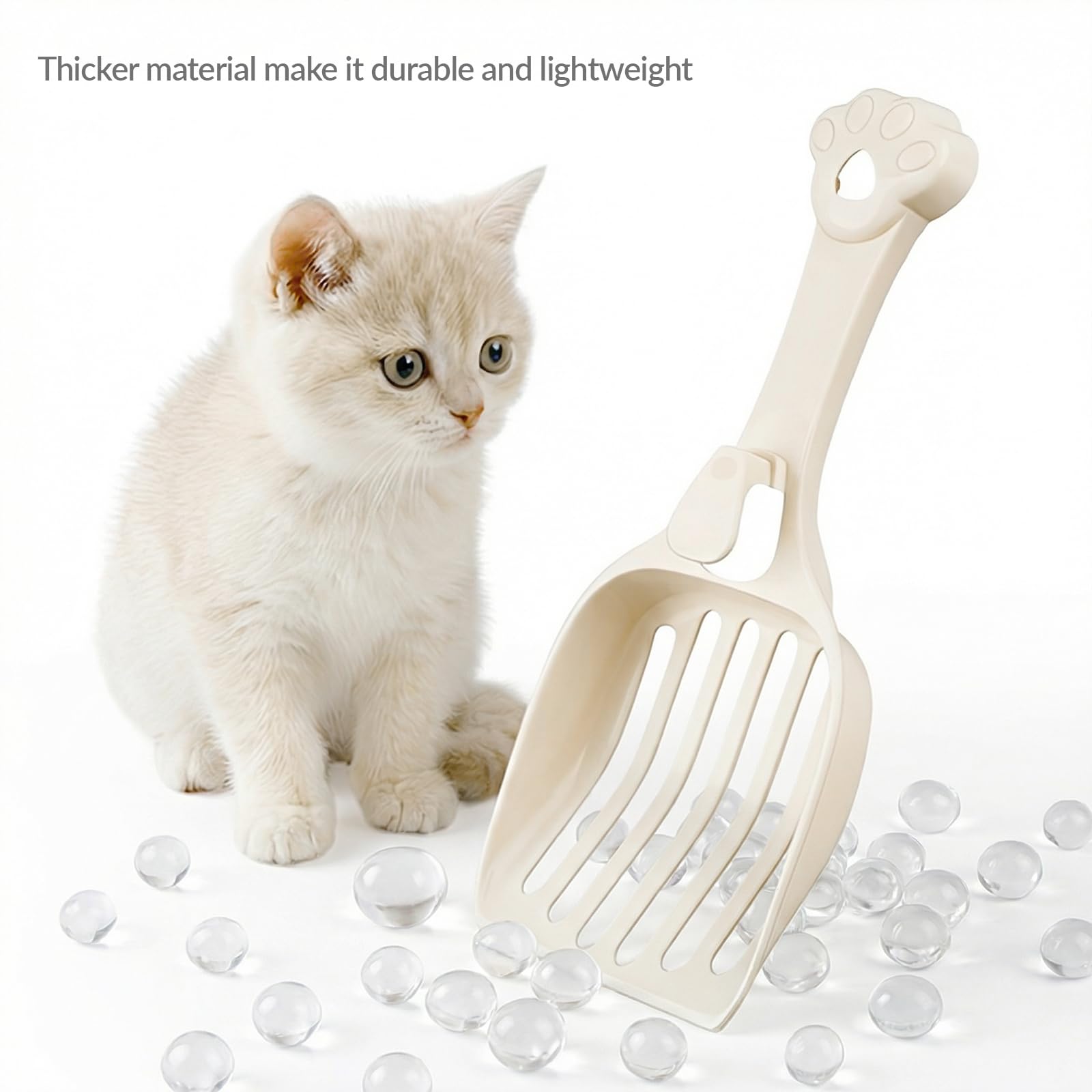Depets Cuchara de arena para gatos, pala de arena con listones anchos, pala de arena para gatitos para pellets de pino, cuchara de plástico duradero, diseñada para un fácil tamizado, blanco lechoso