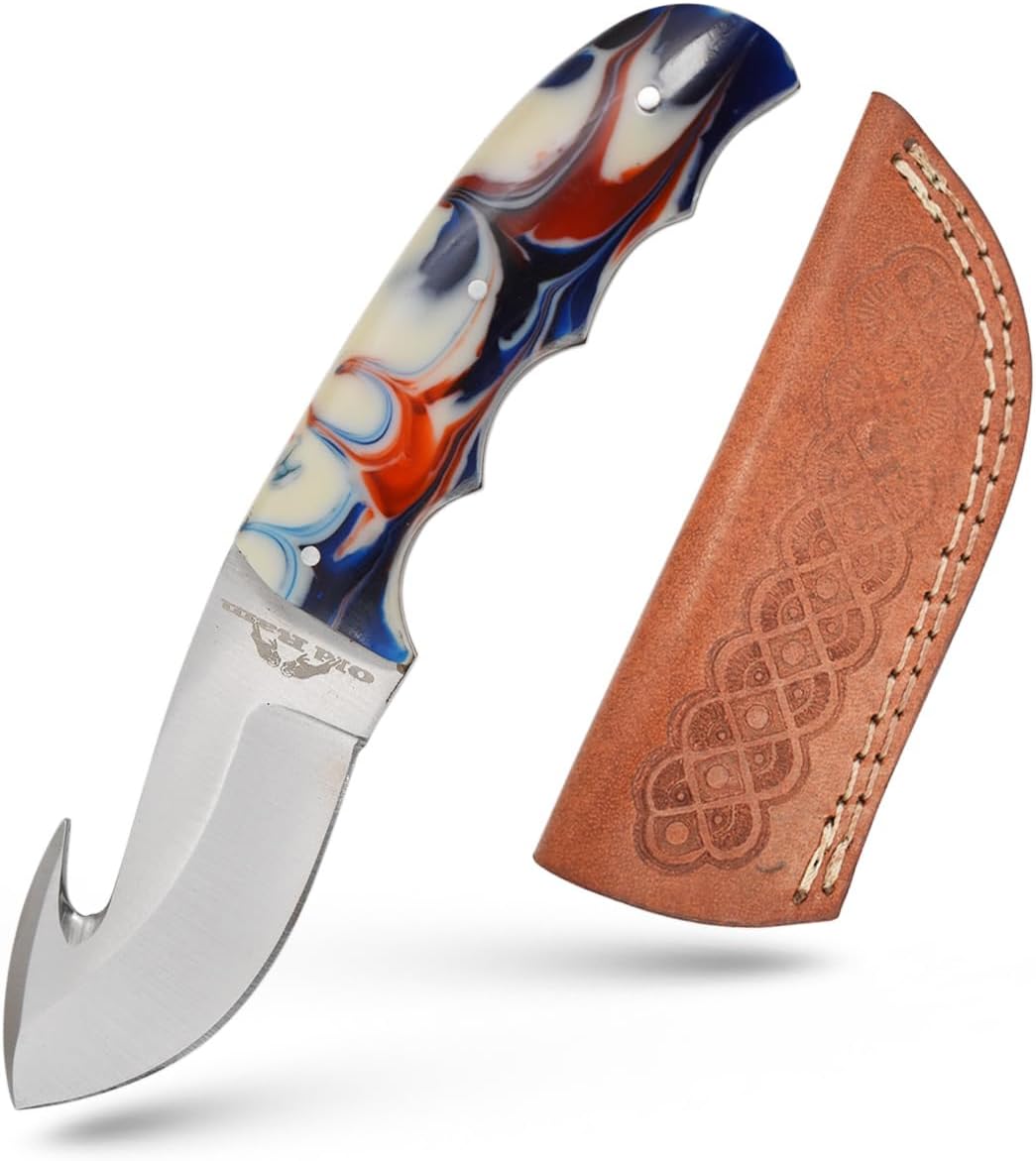 Fixed Blade Gut Hook Knife, 6.5-inch Full Tang Field Processing Knife - Resin Handle, Leather Sheath Included, for Skinning, Hunting, Outdoors 8016BLP