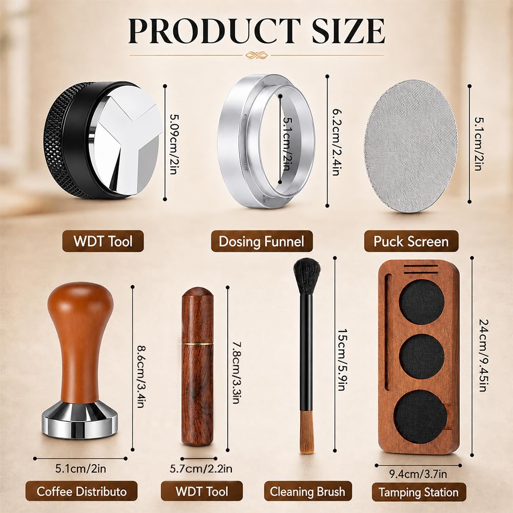 Kit Barista 51mm, HOVCEH Kit Cafe, Kit Barista Café 7 Piezas Incluye Prensador, Herramienta WDT, Distribuidor, Embudo de Dosificación, Rejilla para Discos, Estación de Prensado y Cepillo de Limpieza