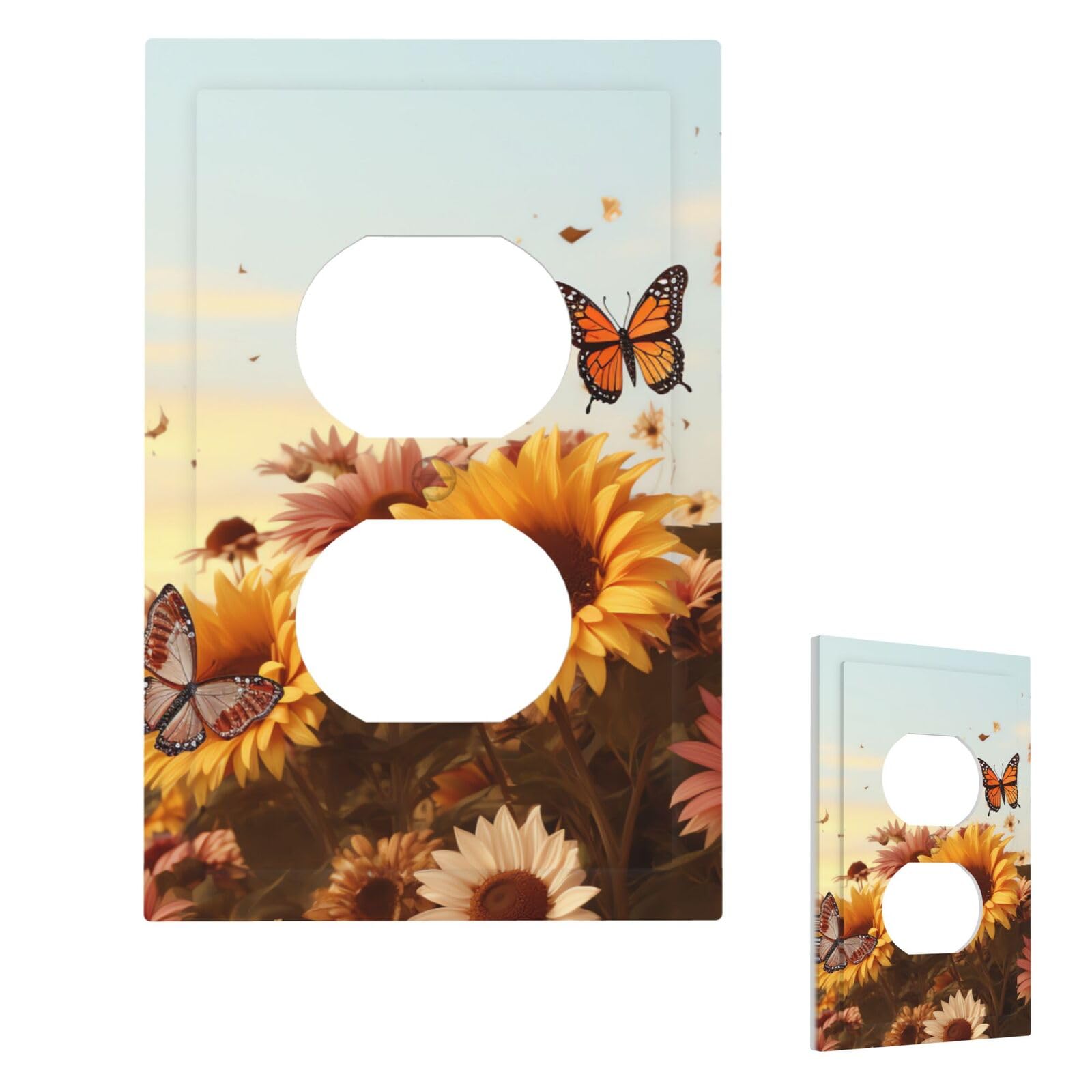 Aceprints Duplex Sunflowers And Butterflies Wall Plate Cover Modern Decorative Light Switch Cover Unbreakable Receptacle Outlet Covers For Living Room Bedroom Decor