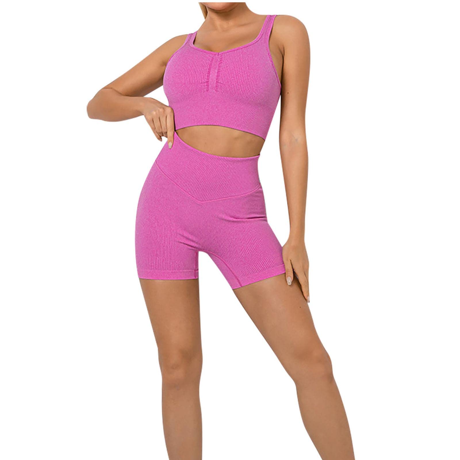 Womens 2 Piece Workout Outfits Seamless Sports Bra Biker Short Sets Ribbed Knit Yoga Gym Activewear Set Tracksuits