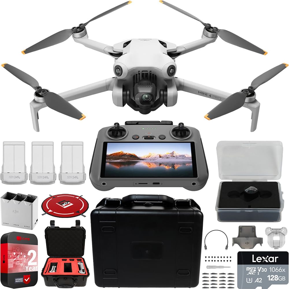 DJI Mini 4 Pro Folding Drone with RC 2 Remote (With Screen) Fly More Combo, 4K HDR Video Camera, Under 249g, 3 Batteries Bundle with Deco Gear Custom Hard Case & Accessories