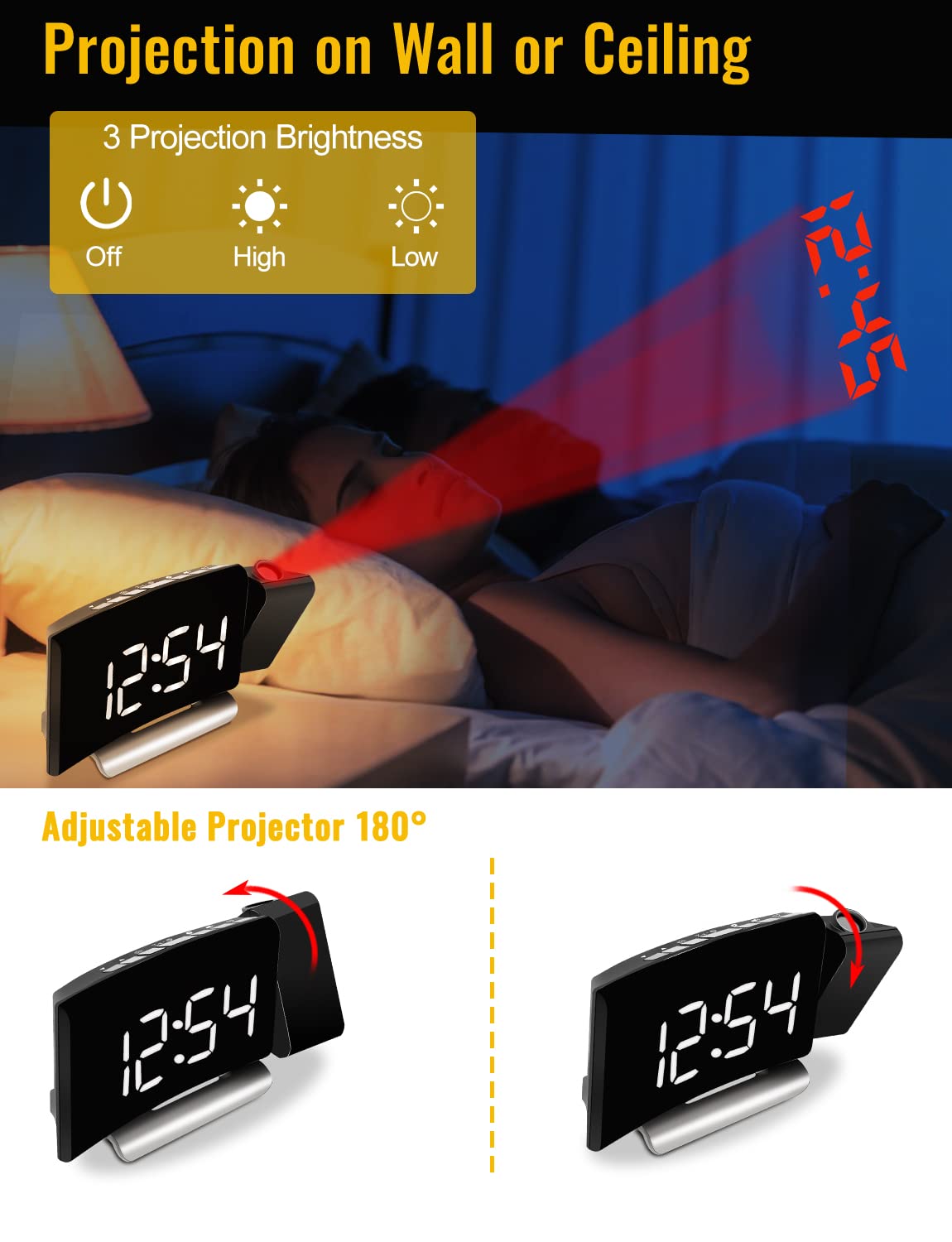 TAKRINK Sveglia da Comodino con Proiettore Ruotabile di 180 Gradi Sveglia Digitale Luminosità Regolabile Sveglia con Proiettore 12/24H Display LED Doppia Sveglia Snooze FM Radio