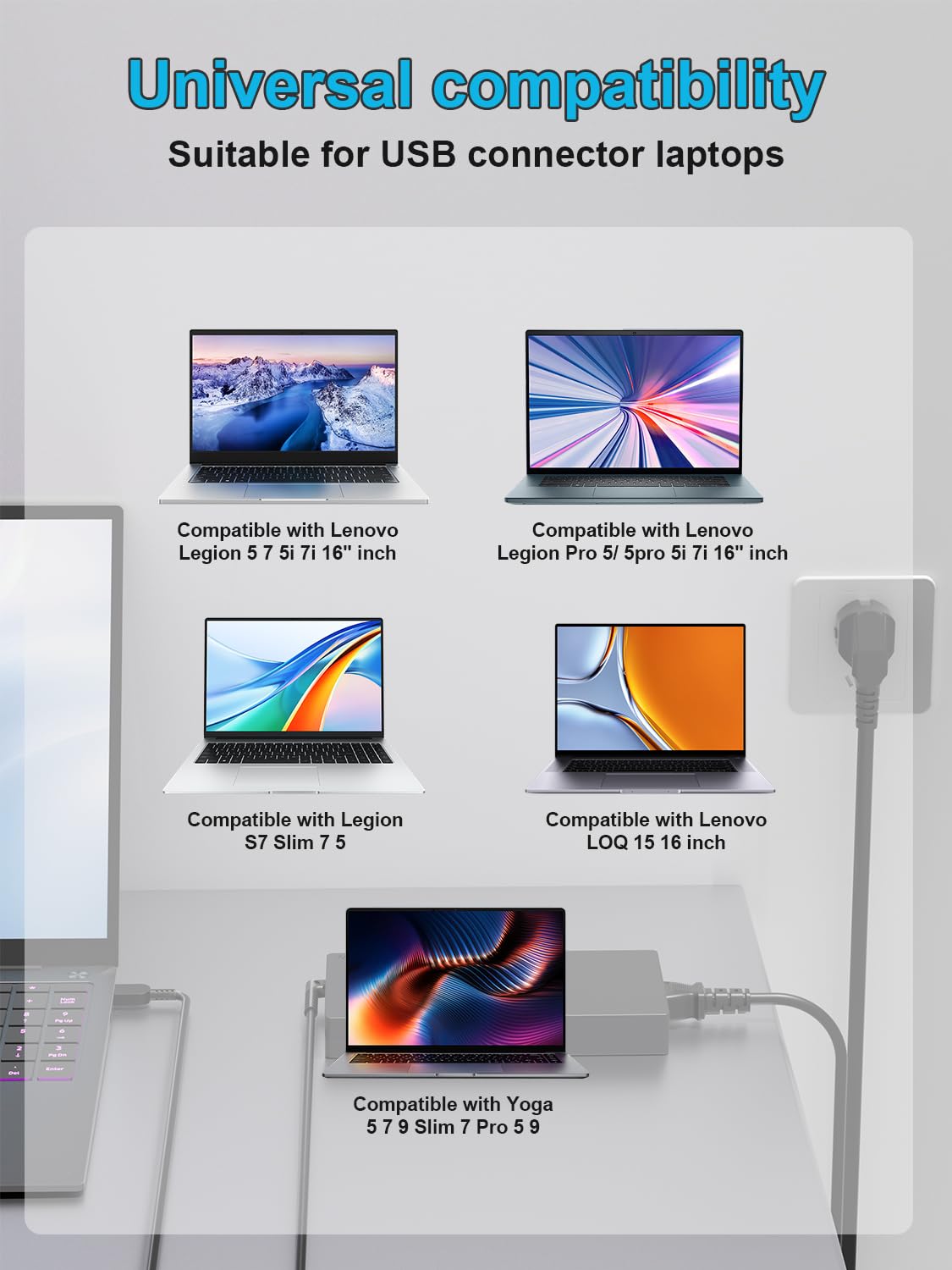 300W Caricatore Compatibile Con Lenovo Legion Pro/Slim 5 7 5i 7i 9i 5P C7 S7 15 16 17 Inch 16IAX10H 16IRX9 16ITHg6 16IAX7 R7000P R9000P R9000K Y9000K Y9000X Stromkabel Netzkabel Laptop