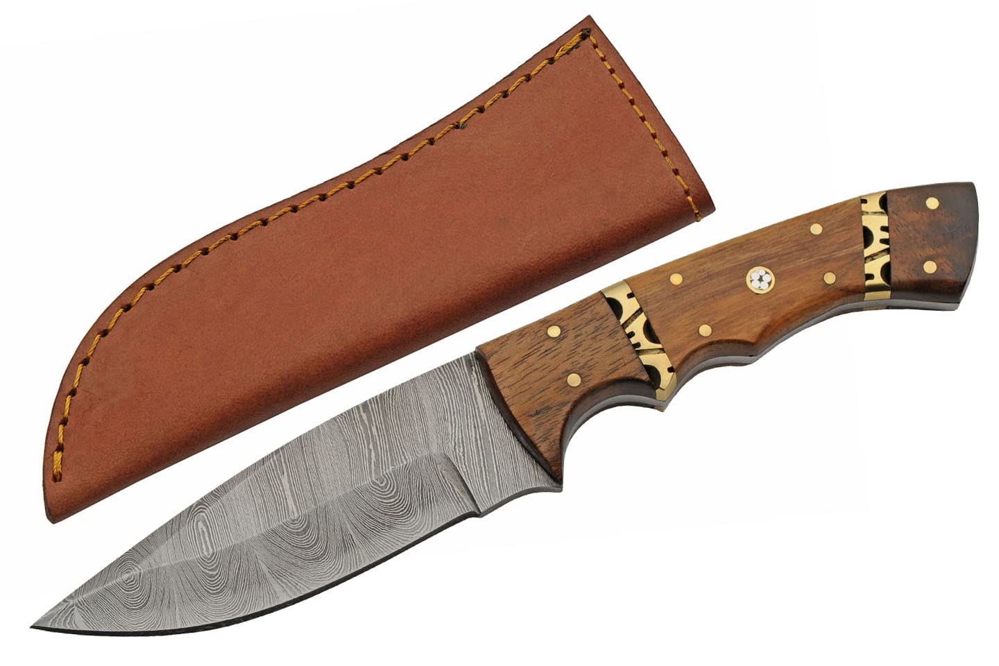 SANZ Damascus Saddle Hunting Knife 9 Inch - Fixed Blade Camping Knife with Wood Handle, Full Tang Blade & Sheath for Camping, Hunting & Outdoor uses for Men