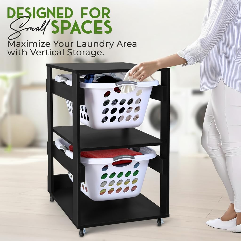 Laundry Basket Holder Shelf – Stackable Engineered Wood Laundry Tower, Tiered Hamper Organizer for Bathroom, Bedroom, Closet (Black, 2 Tier)