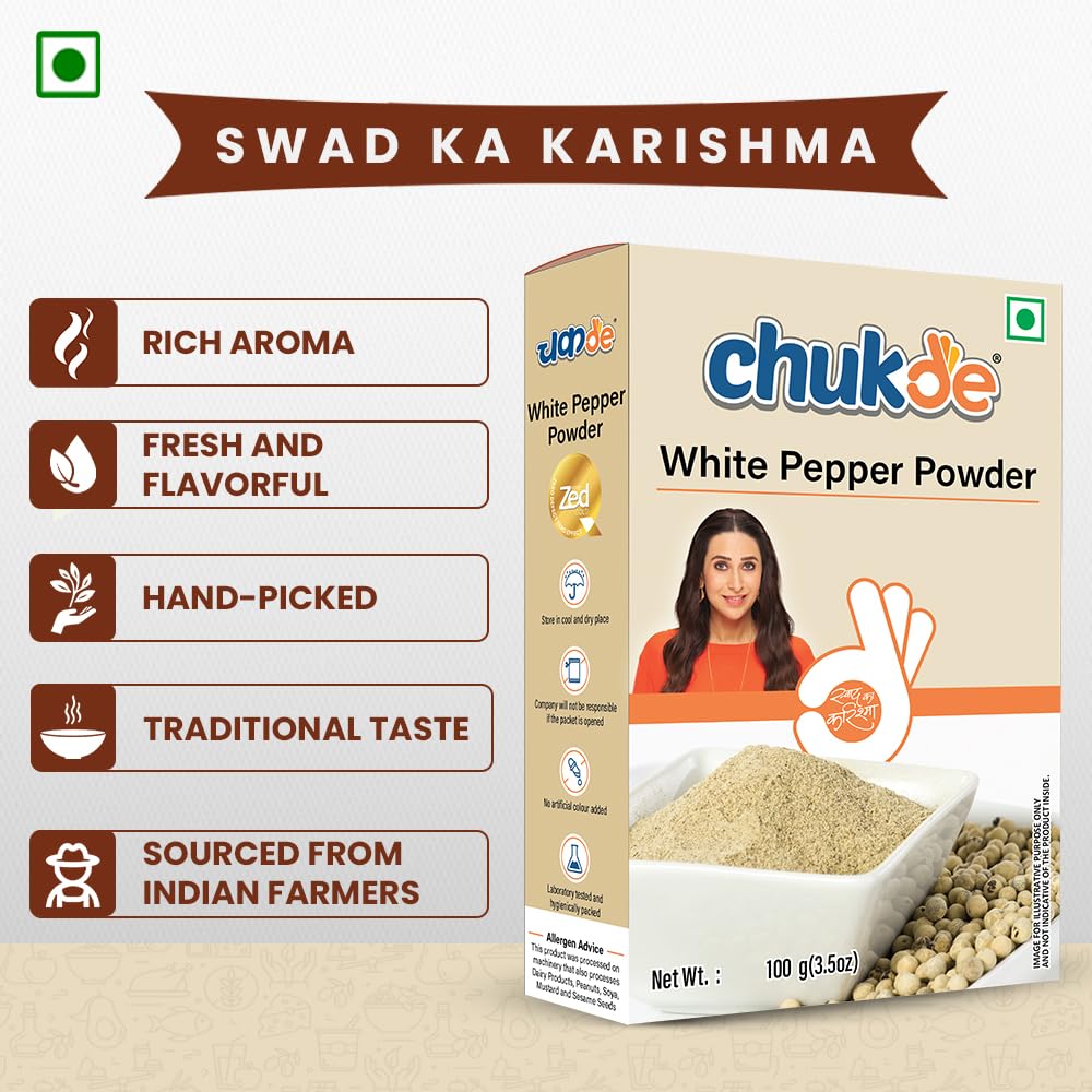 Chukde - Safed Mirch Powder - White Pepper Powder - Aromatic Spice for Cooking - Authentic To Enhance Flavor of Dishes - Perfect for Soups, Sauces, and Seasoning - 100 Gm - Image 6 thumbnail