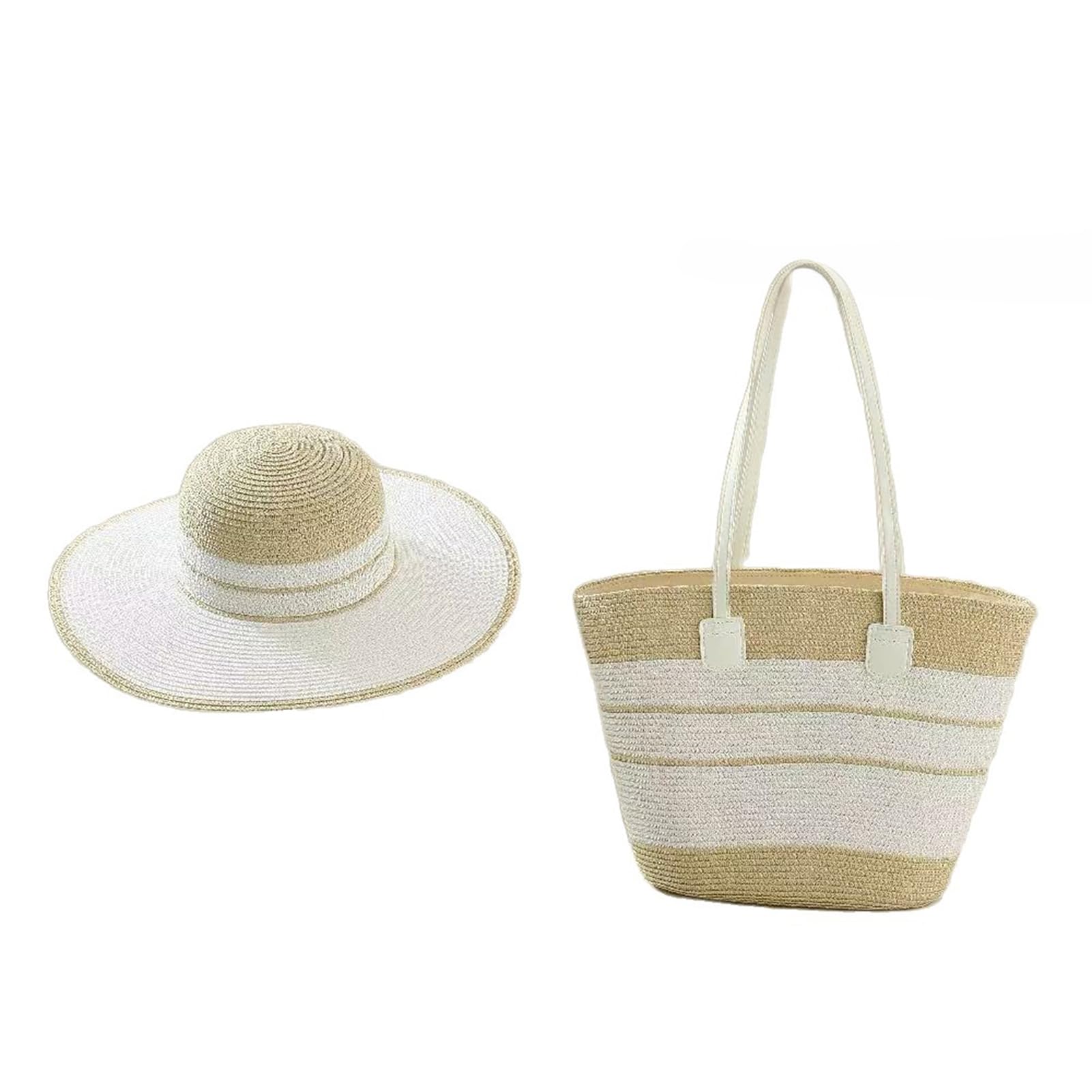 Lot de 2 chapeaux de plage à larges bords rayés en rotin avec sac fourre-tout tissé à la main et sac à bandoulière portable pour vacances, pique-nique, bord de mer