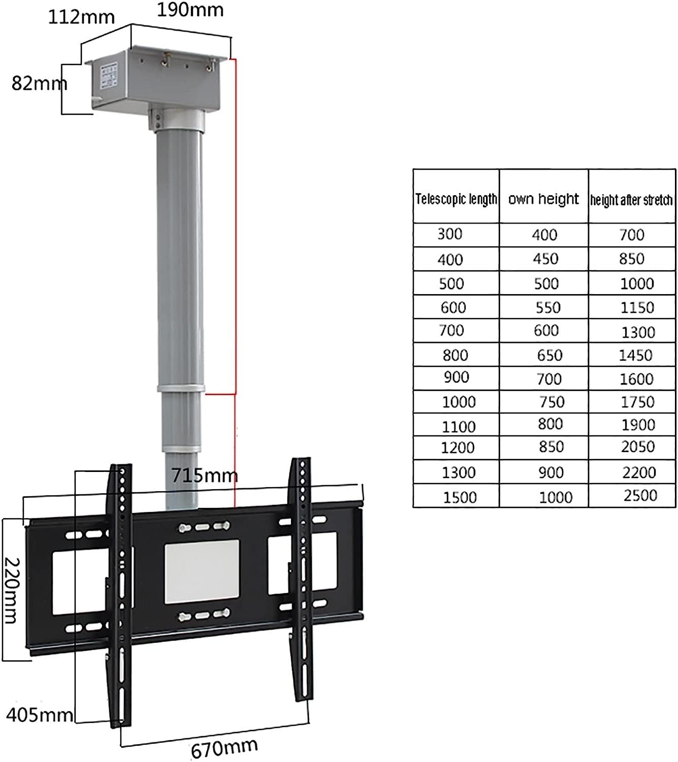 Elevador motorizado multifunción para TV, Alturas telescópicas, Dos métodos de instalación, para televisores de Pantalla Grande de 26 a 70 Pulgadas, Capacidad de Carga: 4
