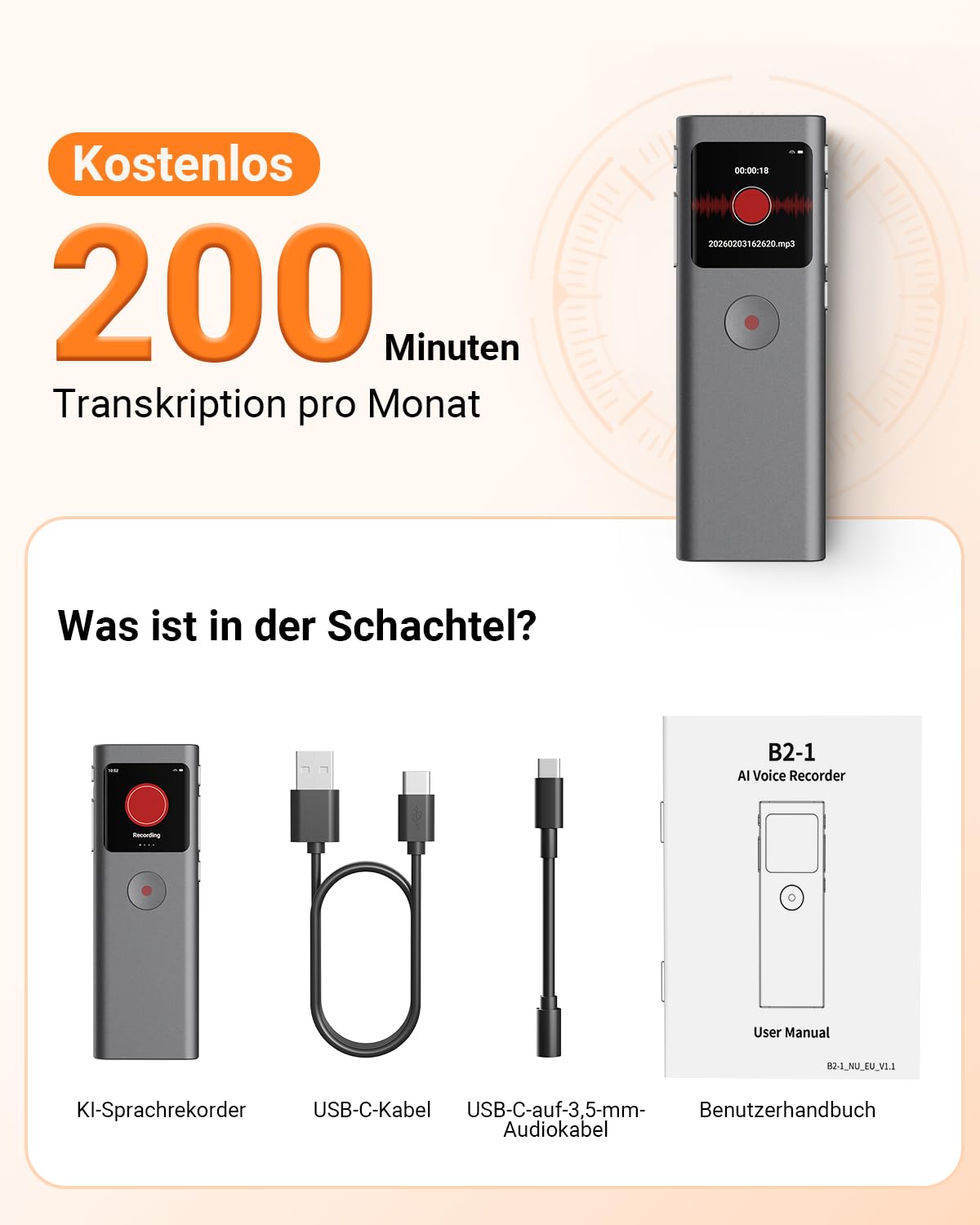 KI Digitales Diktiergerät, Transkribieren und Zusammenfassen, Sprachaktivierte Aufnahme mit Playback, 90+ Sprachen, 64 GB Speicher, One-Touch-Aufnahme, Für Vortrag/Interviews/Klassen