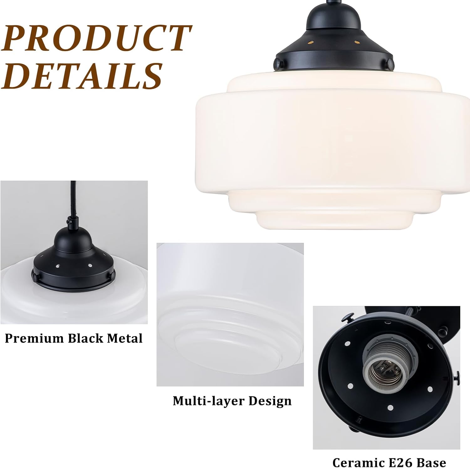 Schoolhouse Pendant Light 9.84" Vintage Milk Glass Chandelier Black Mid Century Modern Pendant Lighting Fixture for Kitchen Island Dining Room Living Room Hallway, Adjustable Height (E26)