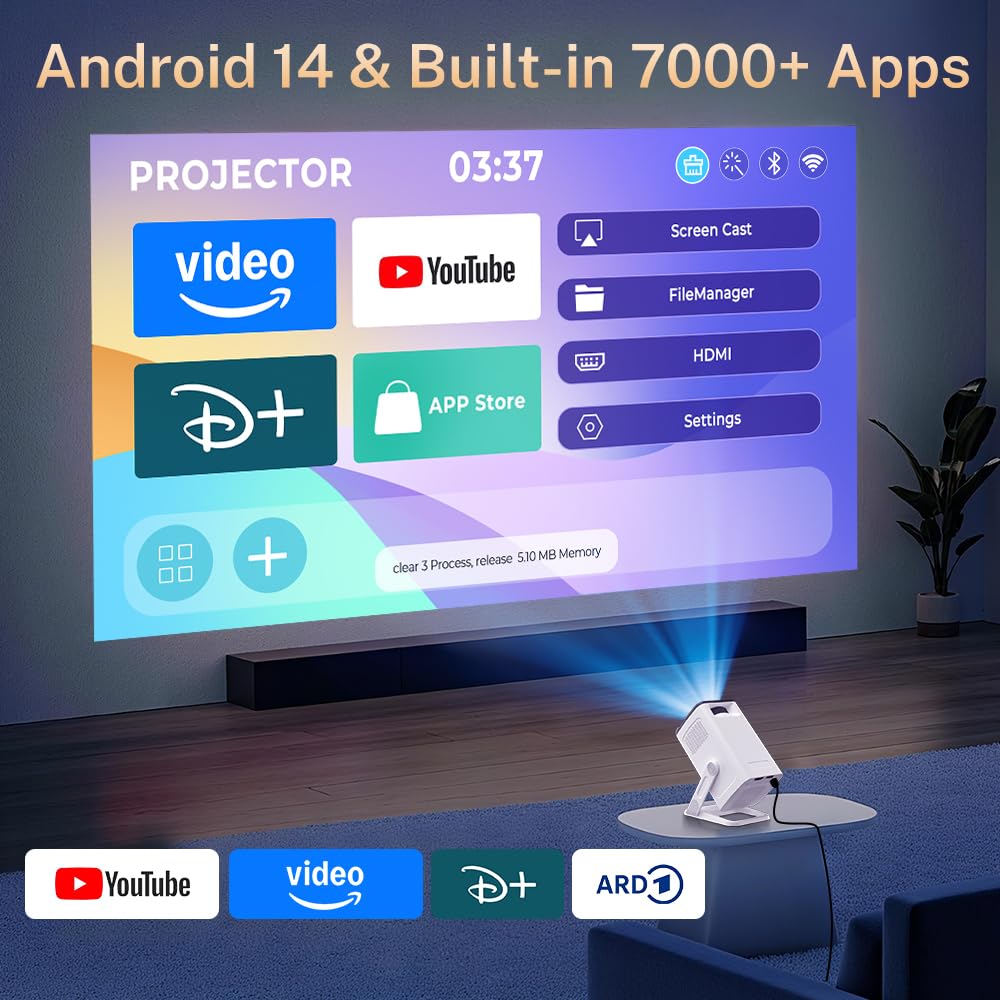Mini Beamer 4K-Dekodierung, Android 14 & App per Fernbedienung, 720p nativ | Mobiler Klein Beamer mit Wi-Fi 6&Bluetooth 5.4, Auto-Trapezkorrektur, HDMI/USB-Kompatibilität, Smart Handy Projektor Weiß