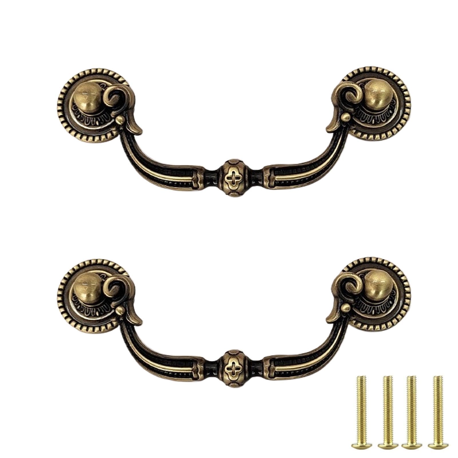 PIYYQNY Kitchen Cabinet Pull Handles 2-Pack Solid Brass Printed Cabinet Handles Vintage Brass Wardrobe Handles Cabinet Door Drawer Decorative Handles (Hole Center 96mm/3.8in)
