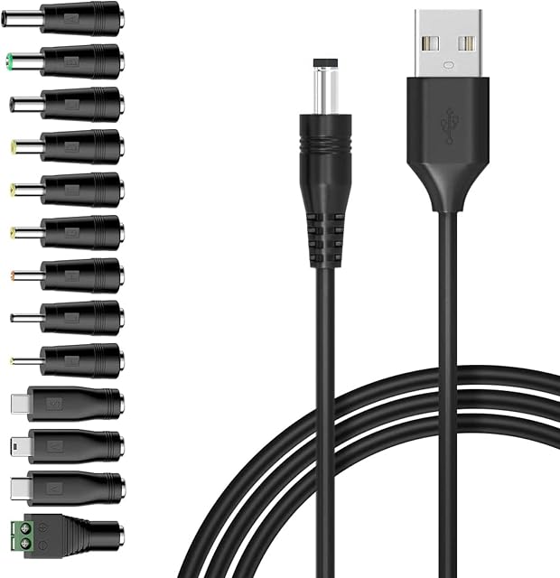 LLQQ USB to DC 5V Cable, 1.5M Universal 5V USB Power Chager Cord DC 5.5 X 2.1mm Plug Adapter with 13 interchageable DC Connectors 5.5x 2.5mm Type C Mirco USB Mini USB and more