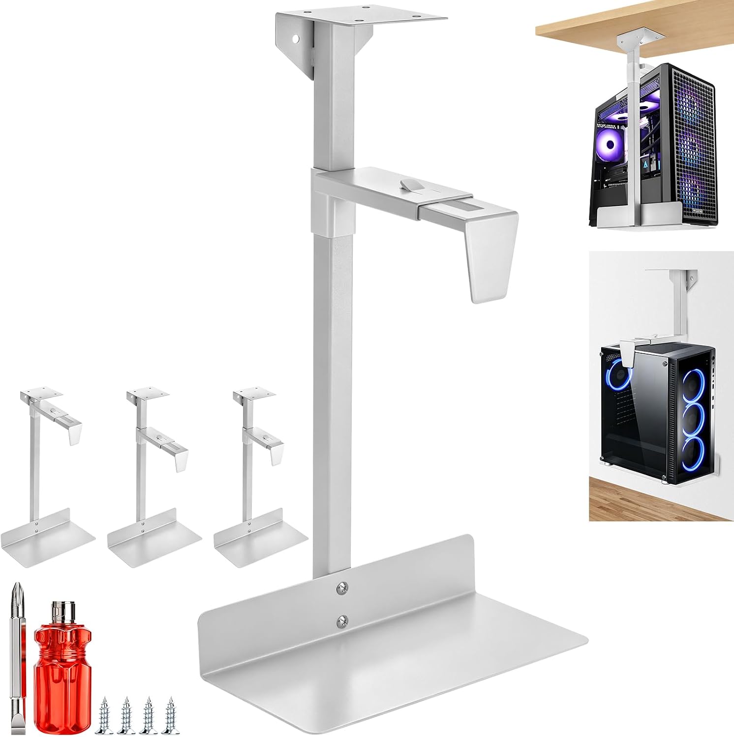 Adjustable Under Desk PC Tower Mount,Clamp-on Computer Case Holder withStorage Shelf, Height Adjustable Metal PCHanger Stand for ATX MATX ITX, SpaceSaving Gaming PC Organizer for OfficeHome < White>