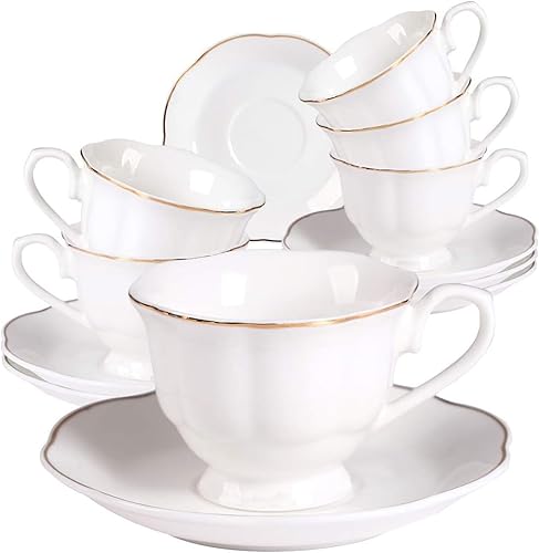 Guangyang Juego de 12 tazas de té de porcelana fina de 6 onzas, juego de 6 tazas y platillos para té de capuchino, café blanco plano