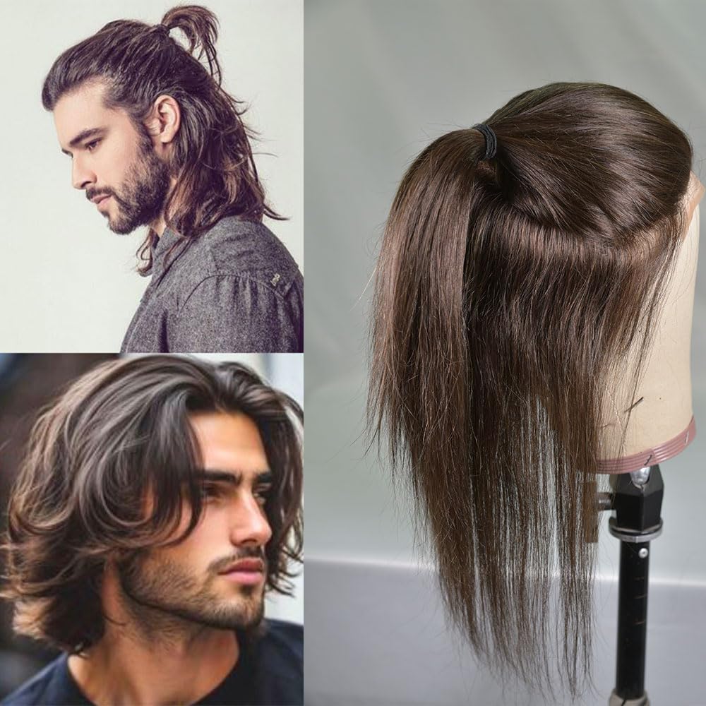 Tupé de pelo para hombres Tupé de cabello humano liso for hombres, pelucas encaje mono, postizo repuesto PU, 12 pulgadas Sistema de cabello para hombres(1b#)