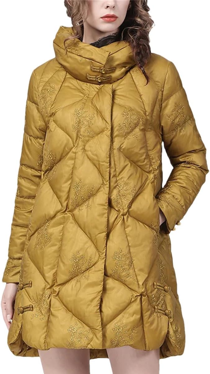 Women's Hooded Embroidered Long Down Jacket, Loose, Warm, Thick Winter Parka, High Collar Duck Down Windbreaker