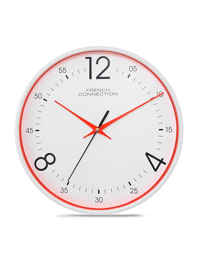 French Connection Plastic Elegant Decorative White Analog Wall Clock with Red Rim - Size 12 Inches - Fcwc04-A