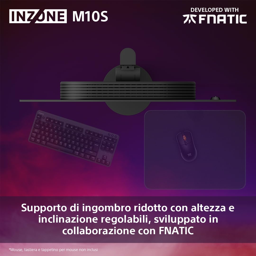 PC Gaming Monitor Sony INZONE M10S OLED QHD da 27": 1440p, 480 Hz, 0,03 ms GTG, DCI-P3 98,5%, G-Sync, Adaptive Sync, VRR, modello sviluppato con Fnatic, 1300 nit, DisplayPort 2.1-2 x HDMI 2.1- PC, PS5
