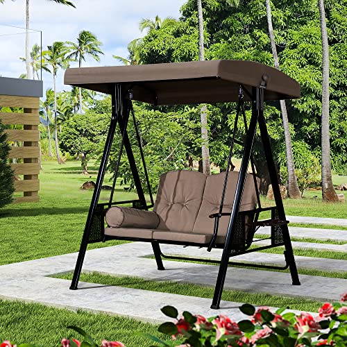 Purple Leaf 2-Seat Deluxe Outdoor Patio Porch Swing With Weather Resistant Steel Frame, Adjustable Tilt Canopy, Cushions And Pillow Included, Beige #TOP28