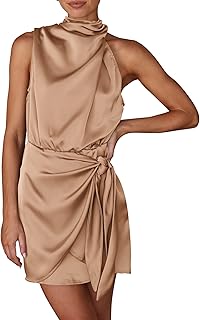 Women's Short Formal Satin Dress Summer Sleeveless Mock Neck Tie Waist Cocktail Party Dresses - Buy now